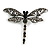 Vintage Inspired Grey Crystal Filigree Dragonfly Brooch with Dangling Tail In Silver Tone - 60mm Wide