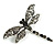 Vintage Inspired Grey Crystal Filigree Dragonfly Brooch with Dangling Tail In Silver Tone - 60mm Wide - view 3