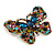Oversized Multicoloured Glass and Crystal Stone Butterfly Brooch In Aged Gold Tone - 90mm Wide - view 4