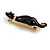 Black Enamel with Crystal Collar Cat Brooch In Gold Tone Metal - 43mm Long - view 5