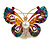 Multicoloured Enamel Crystal with Faux Pearl Butterfly Brooch In Gold Tone - 53mm Across