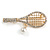 Clear Crystal Tennis Racket with Pearl Bead Ball Brooch In Gold Tone Metal - 55mm Across - view 2