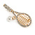 Clear Crystal Tennis Racket with Pearl Bead Ball Brooch In Gold Tone Metal - 55mm Across - view 3
