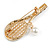 Clear Crystal Tennis Racket with Pearl Bead Ball Brooch In Gold Tone Metal - 55mm Across - view 5