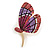 Fuchsia/ Pink/ Lavender Crystal Butterfly Brooch In Gold Tone - 55mm Tall - view 3