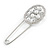 Large Clear Crystal White Faux Pearl Open Oval Safety Pin Brooch In Silver Tone - 70mm L