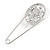 Large Clear Crystal White Faux Pearl Open Oval Safety Pin Brooch In Silver Tone - 70mm L - view 5