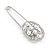 Large Clear Crystal White Faux Pearl Open Oval Safety Pin Brooch In Silver Tone - 70mm L - view 6