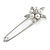 Large Clear Crystal Faux Pearl Flower Safety Pin Brooch In Silver Tone - 70mm Across - view 6