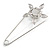 Large Clear Crystal Faux Pearl Flower Safety Pin Brooch In Silver Tone - 70mm Across - view 4