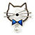 Grey Crystal Open Cat with Blue Bow Brooch in Aged Silver Tone - 50mm Across