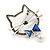 Grey Crystal Open Cat with Blue Bow Brooch in Aged Silver Tone - 50mm Across - view 4