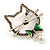 Grey Crystal Open Cat with Green Bow Brooch in Aged Silver Tone - 50mm Across - view 4