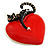 Romantic Black Enamel Cat With Red Enamel Heart Brooch In Gold Tone - 45mm Tall - view 5