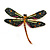 Statement Orange/ Green/ Fuchsia Crystal Dragonfly Brooch In Gold Tone - 60mm Across - view 1