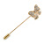 Gold Tone Clear Crystal Bow Lapel, Hat, Suit, Tuxedo, Collar, Scarf, Coat Stick Brooch Pin - 60mm L