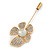 Gold Tone Clear Crystal Assymetrical Flower Lapel, Hat, Suit, Tuxedo, Collar, Scarf, Coat Stick Brooch Pin - 65mm L - view 3