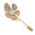 Gold Tone Clear Crystal Assymetrical Flower Lapel, Hat, Suit, Tuxedo, Collar, Scarf, Coat Stick Brooch Pin - 65mm L - view 5