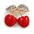 Red Enamel Clear Crystal Double Cherry Brooch In Gold Tone - 35mm Across - view 3