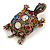 Vintage Inspired Multicoloured Crystal Turtle Brooch in Aged Gold Tone Metal - 60mm Long - view 4