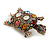 Vintage Inspired Multicoloured Crystal Turtle Brooch in Aged Gold Tone Metal - 60mm Long - view 6