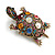 Vintage Inspired Multicoloured Crystal Turtle Brooch in Aged Gold Tone Metal - 60mm Long - view 8