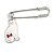 Medium Safety Pin with White Enamel Cat Charm Brooch In Silver Tone - 60mm Across - view 3