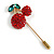 Gold Tone Red Crystal Green Enamel Cherry Lapel, Hat, Suit, Tuxedo, Collar, Scarf, Coat Stick Brooch Pin - 63mm Long - view 3