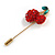Gold Tone Red Crystal Green Enamel Cherry Lapel, Hat, Suit, Tuxedo, Collar, Scarf, Coat Stick Brooch Pin - 63mm Long - view 4