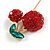 Gold Tone Red Crystal Green Enamel Cherry Lapel, Hat, Suit, Tuxedo, Collar, Scarf, Coat Stick Brooch Pin - 63mm Long - view 5