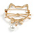 Clear Crystal Open Cat Head Brooch In Gold Tone Metal - 55mm Tall - view 5