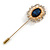 Oval Clear/ Blue Crystal Lapel, Hat, Suit, Tuxedo, Collar, Scarf, Coat Stick Brooch Pin In Gold Tone - 65mm L - view 3