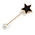 Black Acrylic Star, Pearl Bead Lapel, Hat, Suit, Tuxedo, Collar, Scarf, Coat Stick Brooch Pin In Gold Tone Metal - 65mm L - view 3