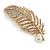 Clear Crystal White Pearl Feather Brooch/ Pendant in Gold Tone - 65mm Long - view 4