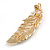 Clear Crystal White Pearl Feather Brooch/ Pendant in Gold Tone - 65mm Long - view 5