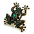 Vintage Inspired Dark Green Crystal Frog Brooch in Aged Gold Tone - 50mm Tall - view 3