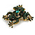 Vintage Inspired Dark Green Crystal Frog Brooch in Aged Gold Tone - 50mm Tall - view 6
