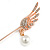 Rose Gold Tone Clear Crystal Wing with Pearl Bead Lapel, Hat, Suit, Tuxedo, Collar, Scarf, Coat Stick Brooch Pin - 65mm L - view 3
