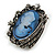 Vintage Inspired Hematite Diamante Blue Cameo Brooch in Aged Silver Tone - 40mm Long - view 3