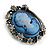 Vintage Inspired Hematite Diamante Blue Cameo Brooch in Aged Silver Tone - 40mm Long - view 4