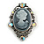 Oval Filigree AB Crystal Grey Cameo Brooch In Aged Silver Tone - 50mm Tall