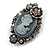 Vintage Inspired Grey/ Hematite Diamante Cameo Brooch in Aged Silver Tone  - 55mm Long - view 3
