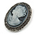 Vintage Inspired Filigree Grey Cameo Brooch In Antique Silver Tone - 45mm L - view 4