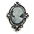 Vintage Inspired Clear Diamante Grey Cameo Brooch in Aged Silver Tone - 65mm Long