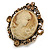 Vintage Inspired Topaz Crystal Round Beige Cameo Brooch In Aged Gold Metal - 50mm Tall - view 3