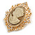 Vintage Inspired Clear Crystal Oval Beige Acrylic Cameo In Gold Tone Metal - 60mm L - view 3