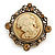 Vintage Inspired Topaz Crystal Round Beige Cameo Brooch In Aged Gold Metal - 50mm Tall