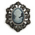 Vintage Inspired Grey/ Hematite Diamante Cameo Brooch in Aged Silver Tone - 55mm Long