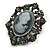 Vintage Inspired Grey/ Hematite Diamante Cameo Brooch in Aged Silver Tone - 55mm Long - view 3