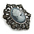 Vintage Inspired Grey/ Hematite Diamante Cameo Brooch in Aged Silver Tone - 55mm Long - view 4